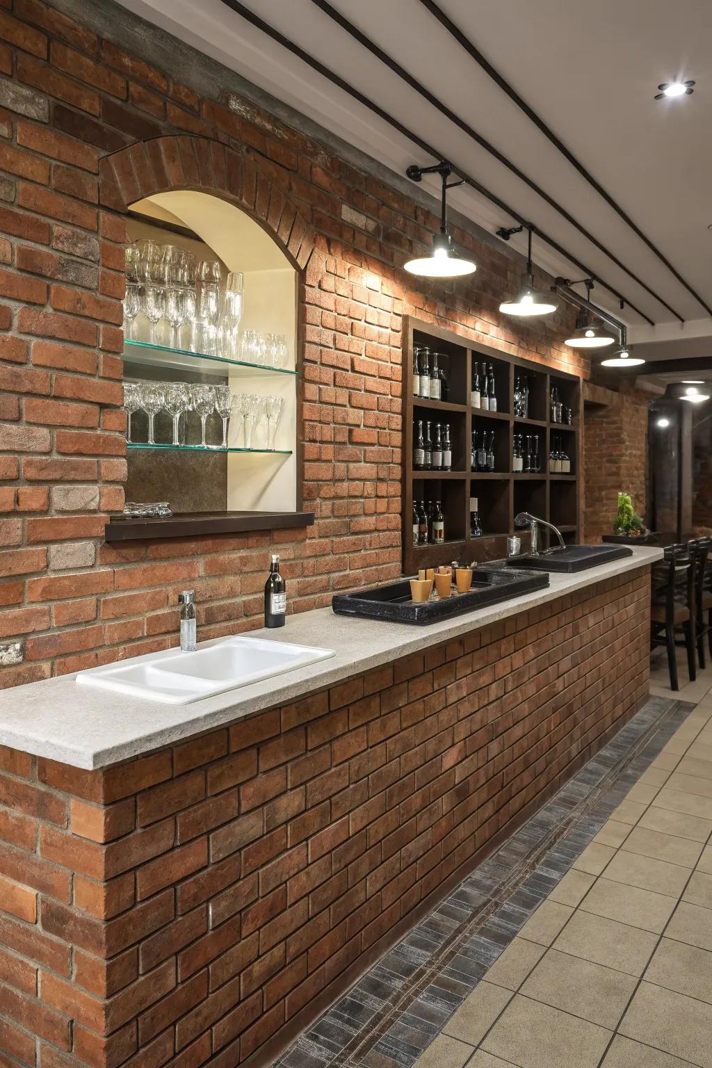 A compact sink enhances the functionality of a brick wall bar.