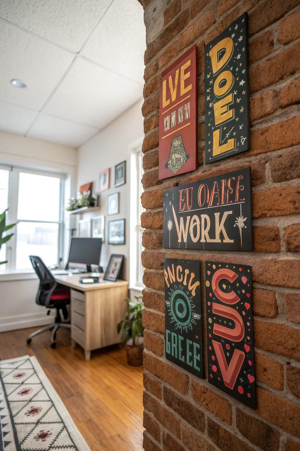 Typographic artistry featuring motivational excerpts upon a masonry wall.