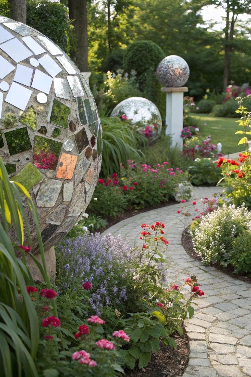 Mirror garden art gives outdoor areas a reflective charm.