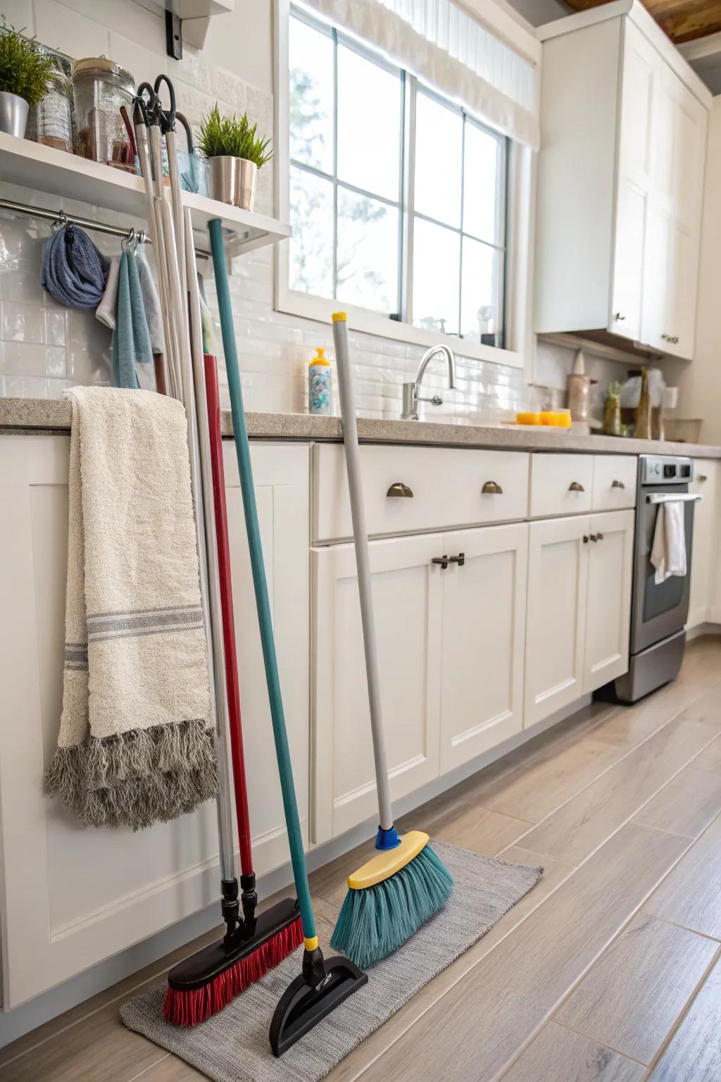 A towel bar doubles as a practical broom hanger.