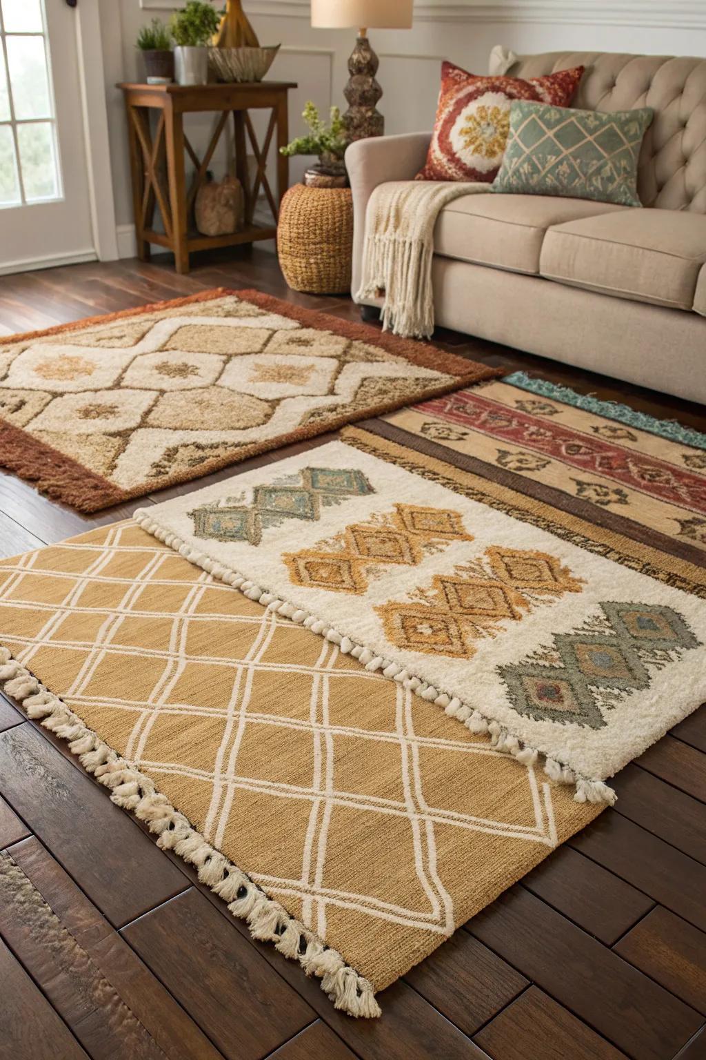 Layered carpets deliver an inviting base in a cocoa-themed area.