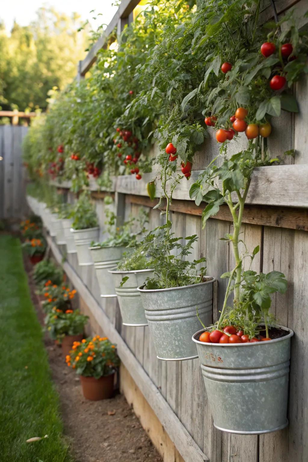 Suspended buckets containing cascading tomato plants forming a vertical garden.