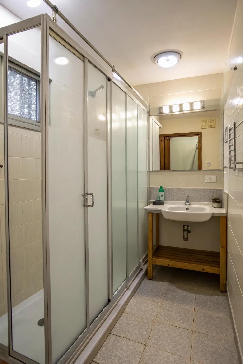 A small bathroom featuring transparent dividers for optimal space use.