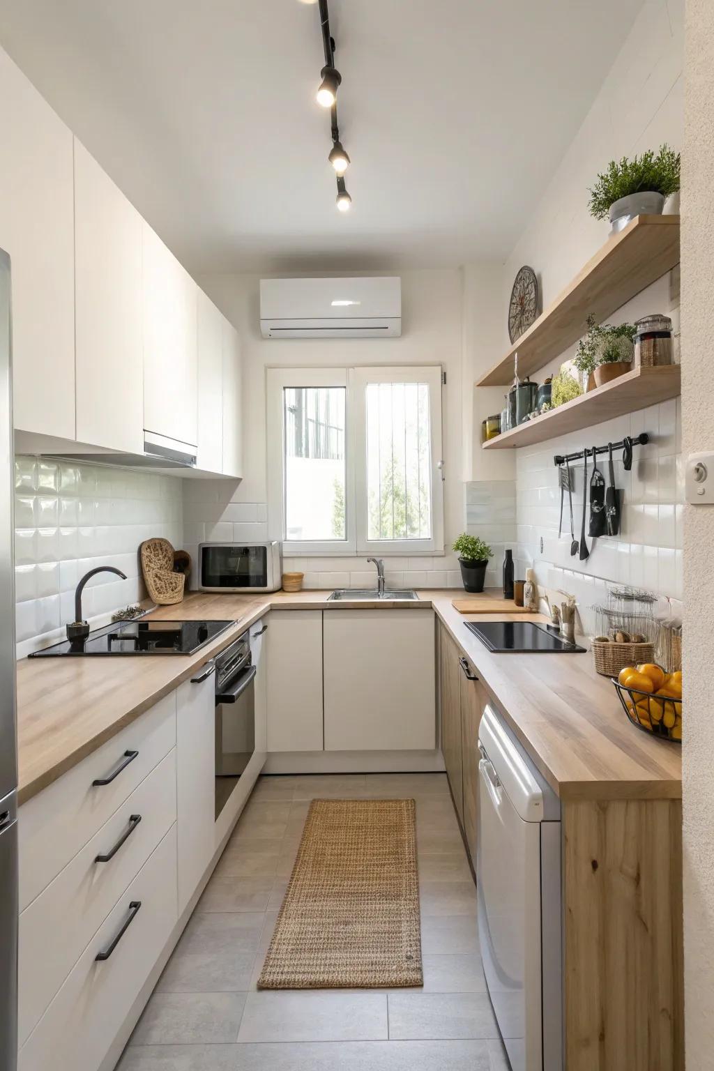 Minimalism crafts a clean, open sensation in this small kitchen.