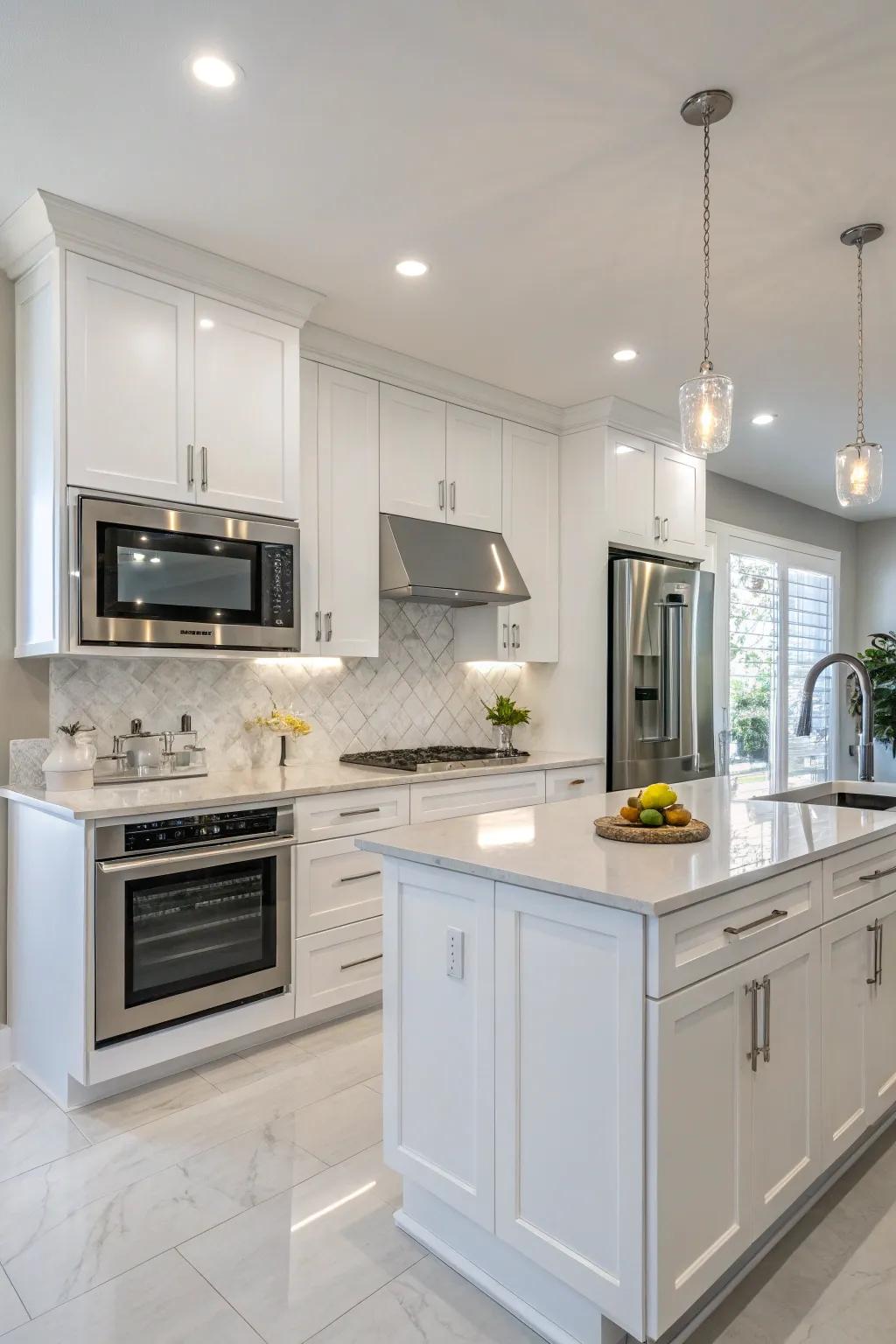 A microwave stylishly recessed inside the cooking area wall.