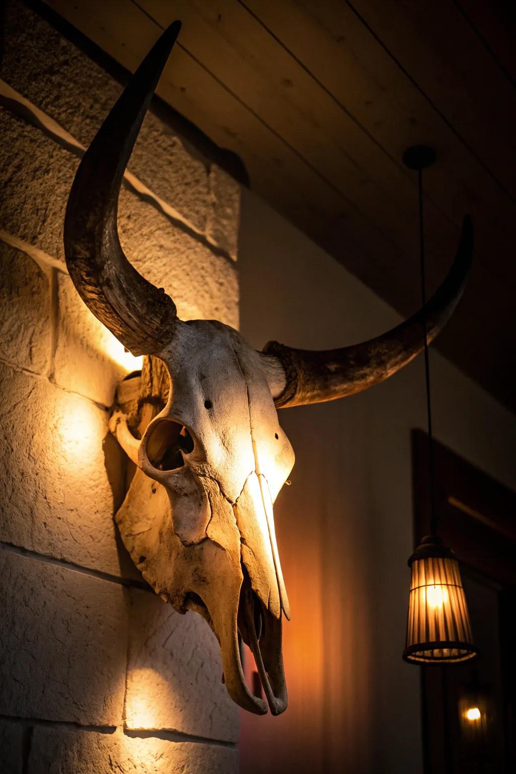 Theatrical illumination from behind accentuating a bovine skull's attributes.