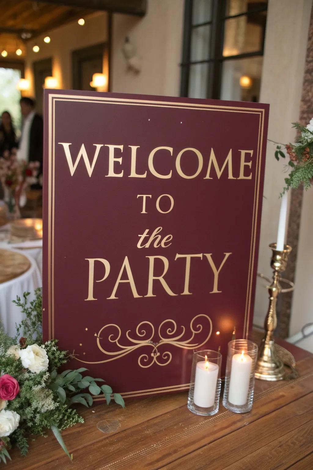 Personalized signage in deep red and gold provides a warm welcome to attendees.