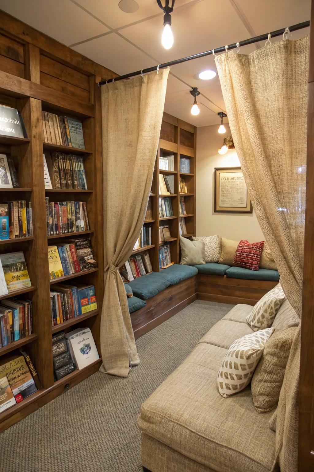 Cozy appeal with woven fiber drapes in a reading nook.