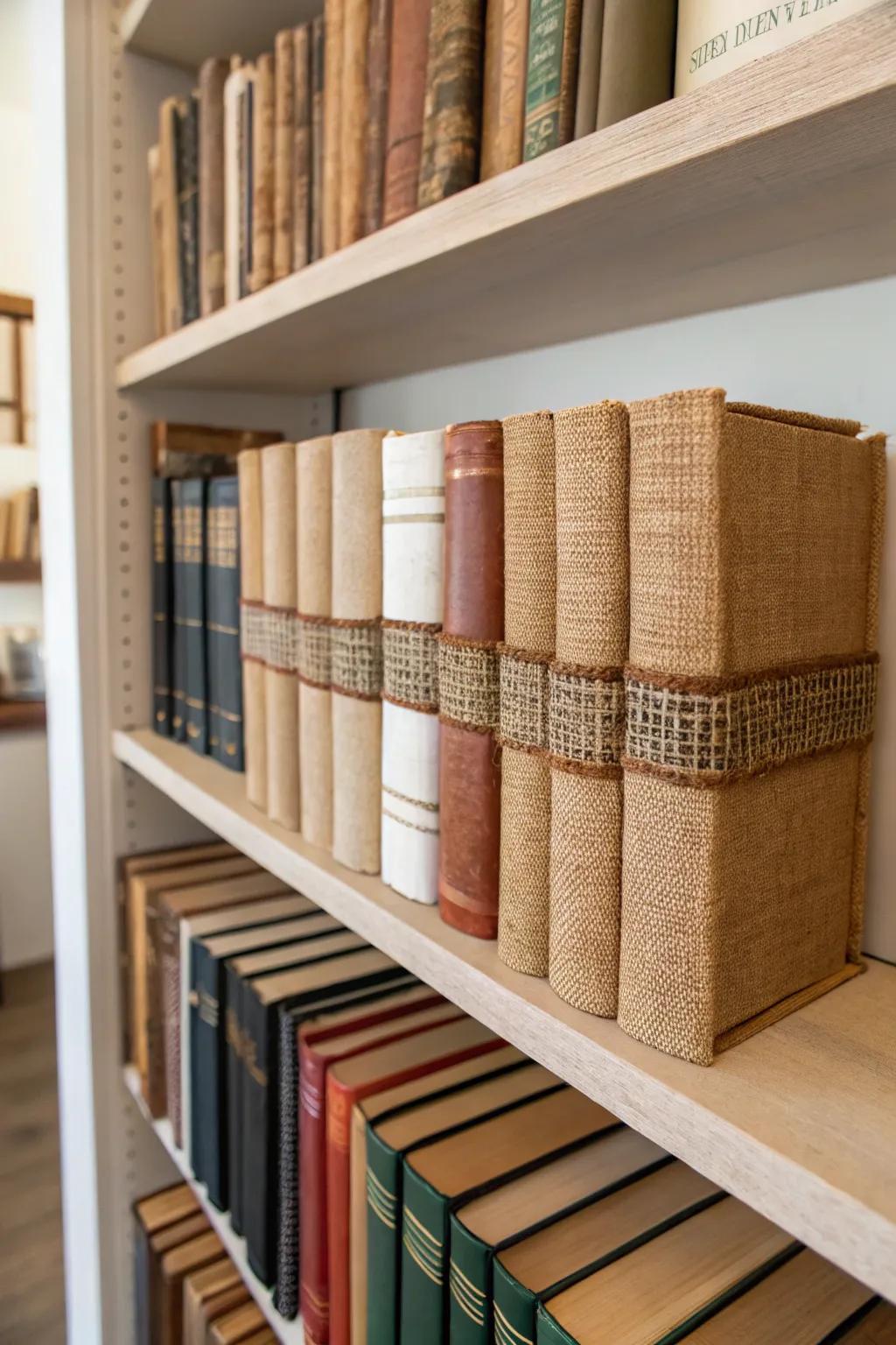 Hessian-wrapped books offer a distinctive ornamental component.