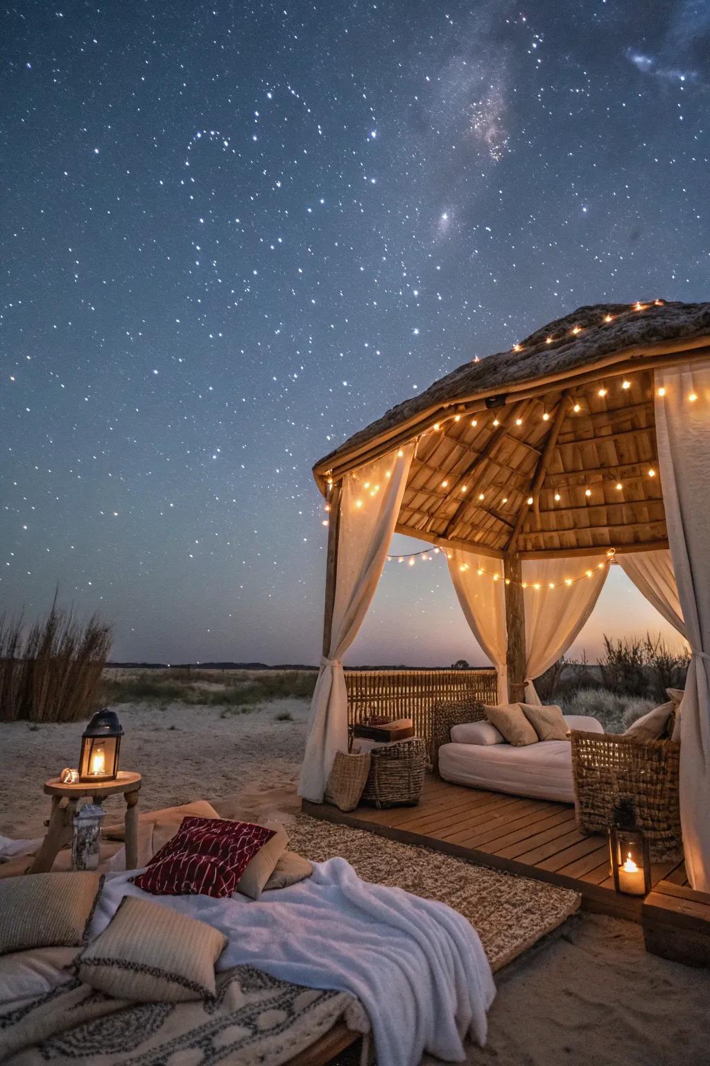 A dreamy cabana arranged for stargazing under the constellations.