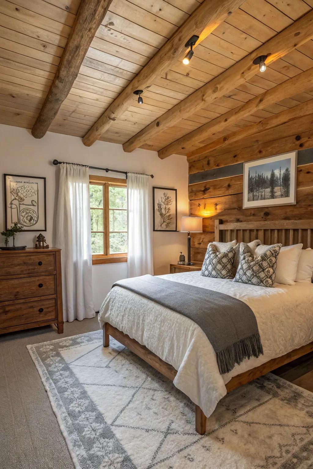A cabin bedroom combining modern and rustic elements.