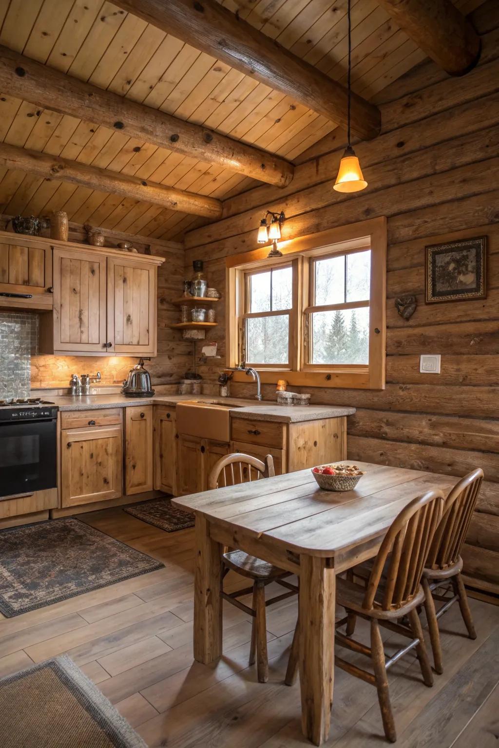 Earthy tones complement the natural materials in a cabin kitchen.