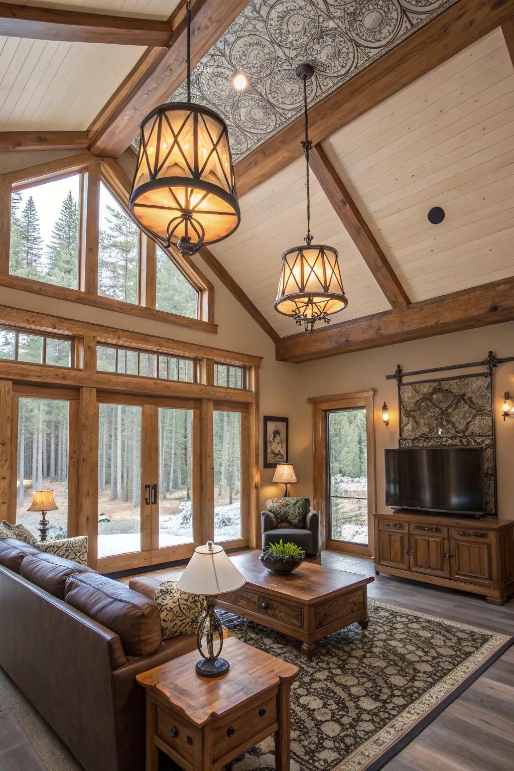 Ornamental ceiling fixtures contribute design to a cabin's living space.