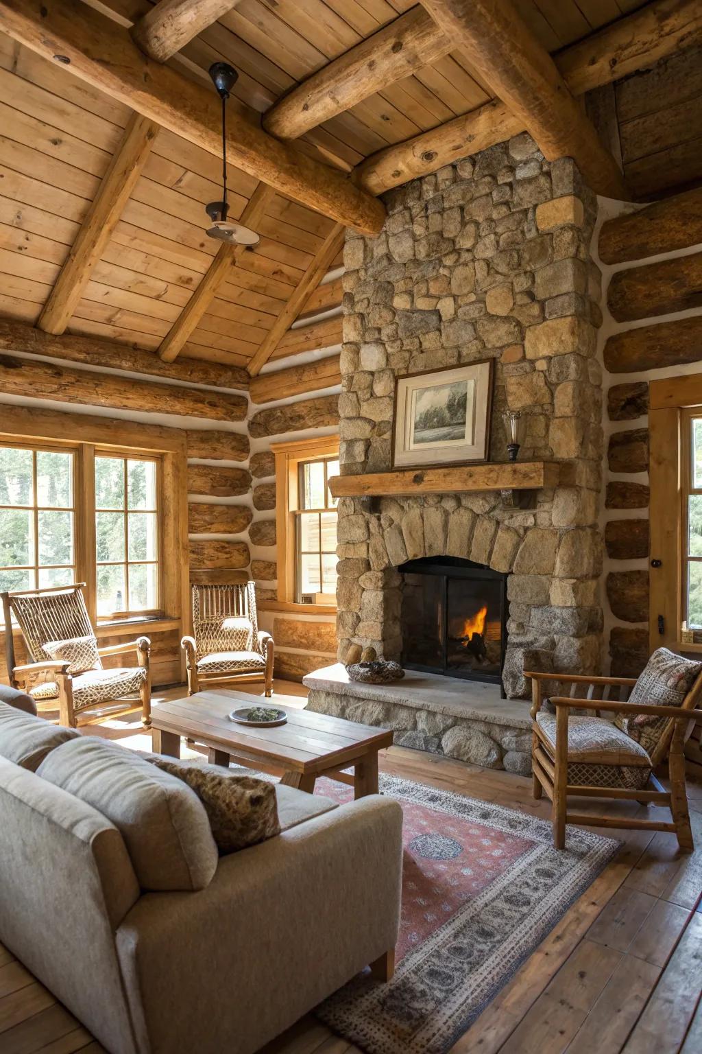Classic log cabin style infuses earthy charm into this living space.