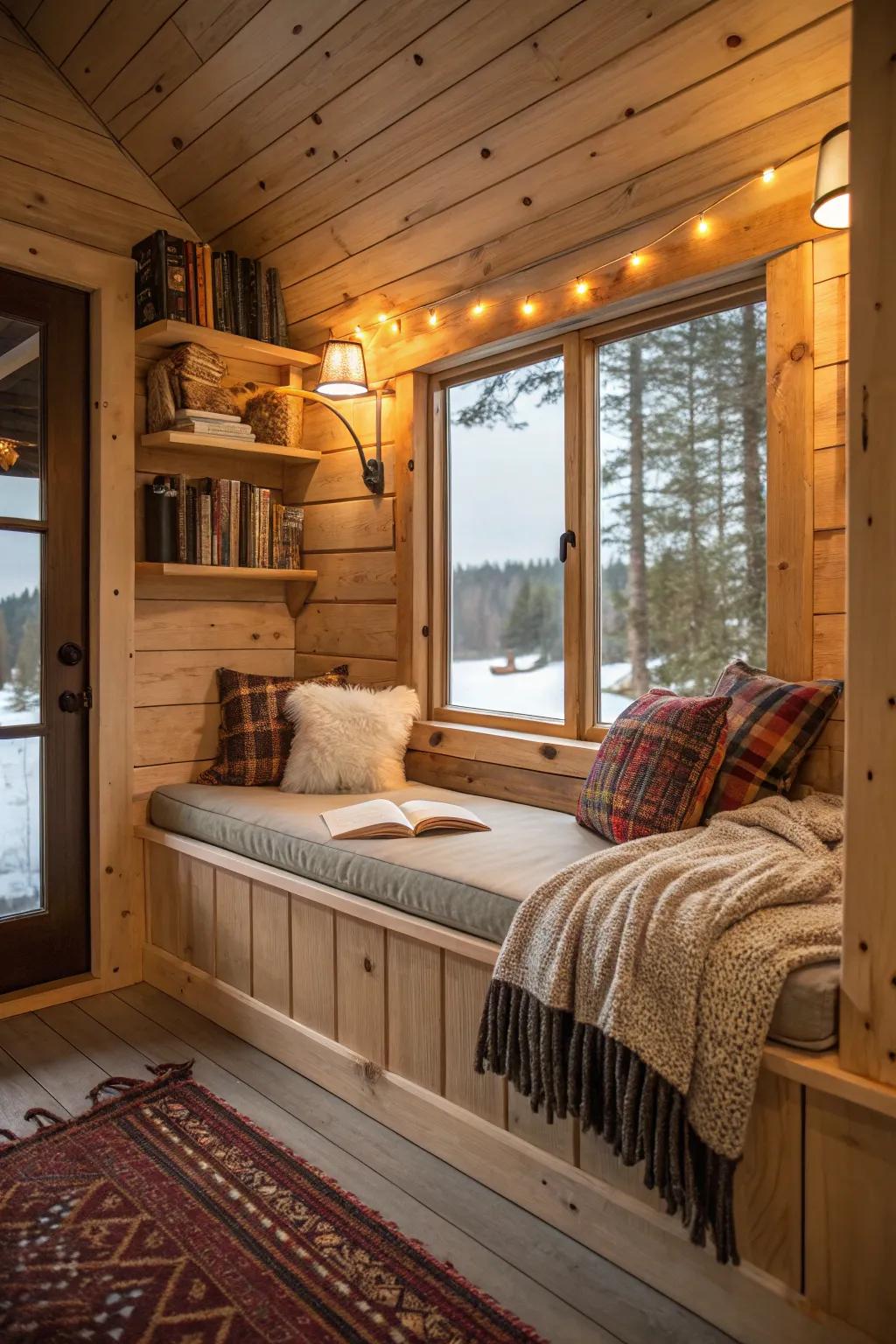 A comfy analysis alcove constructed right into the cabin wall surface.