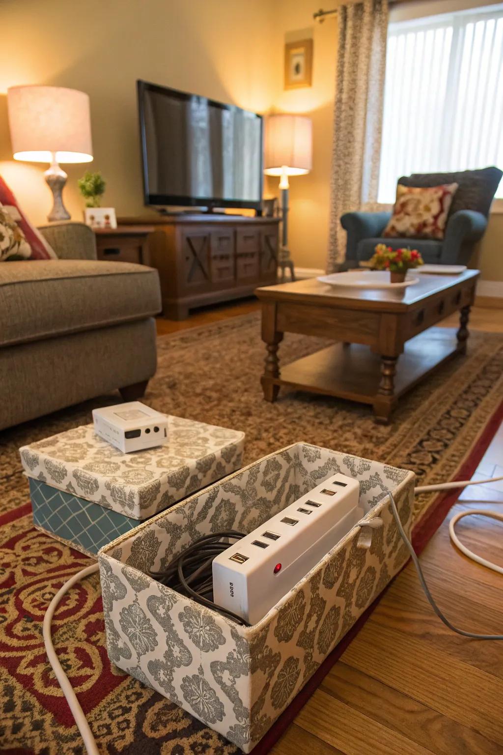 Decorative boxes stylishly concealing power strips.