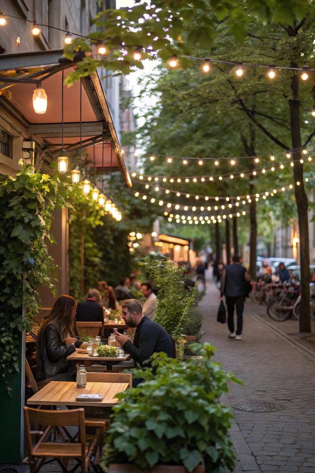 A whimsical outdoor cafe area beautifully lit with festive garland illumination.