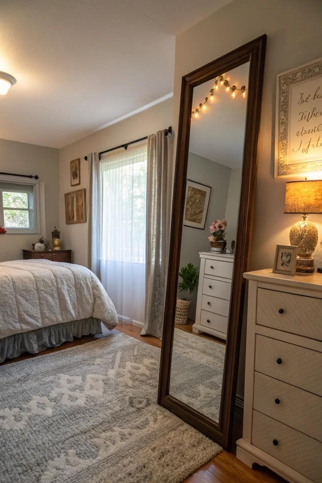Bedroom design featuring a large floor-length mirror reflecting natural light.