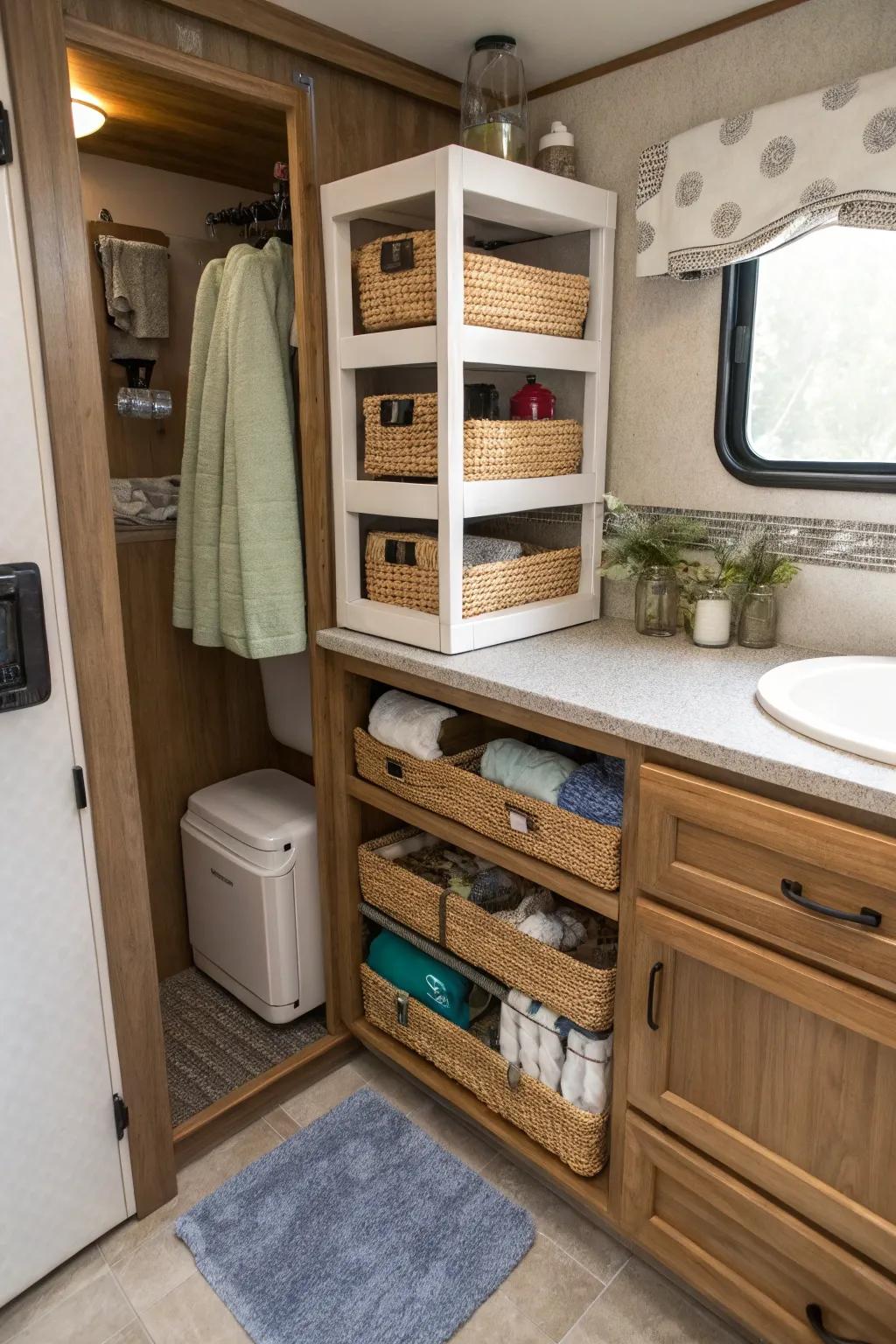 Hidden tubs providing tucked-away storage for bathroom essentials.