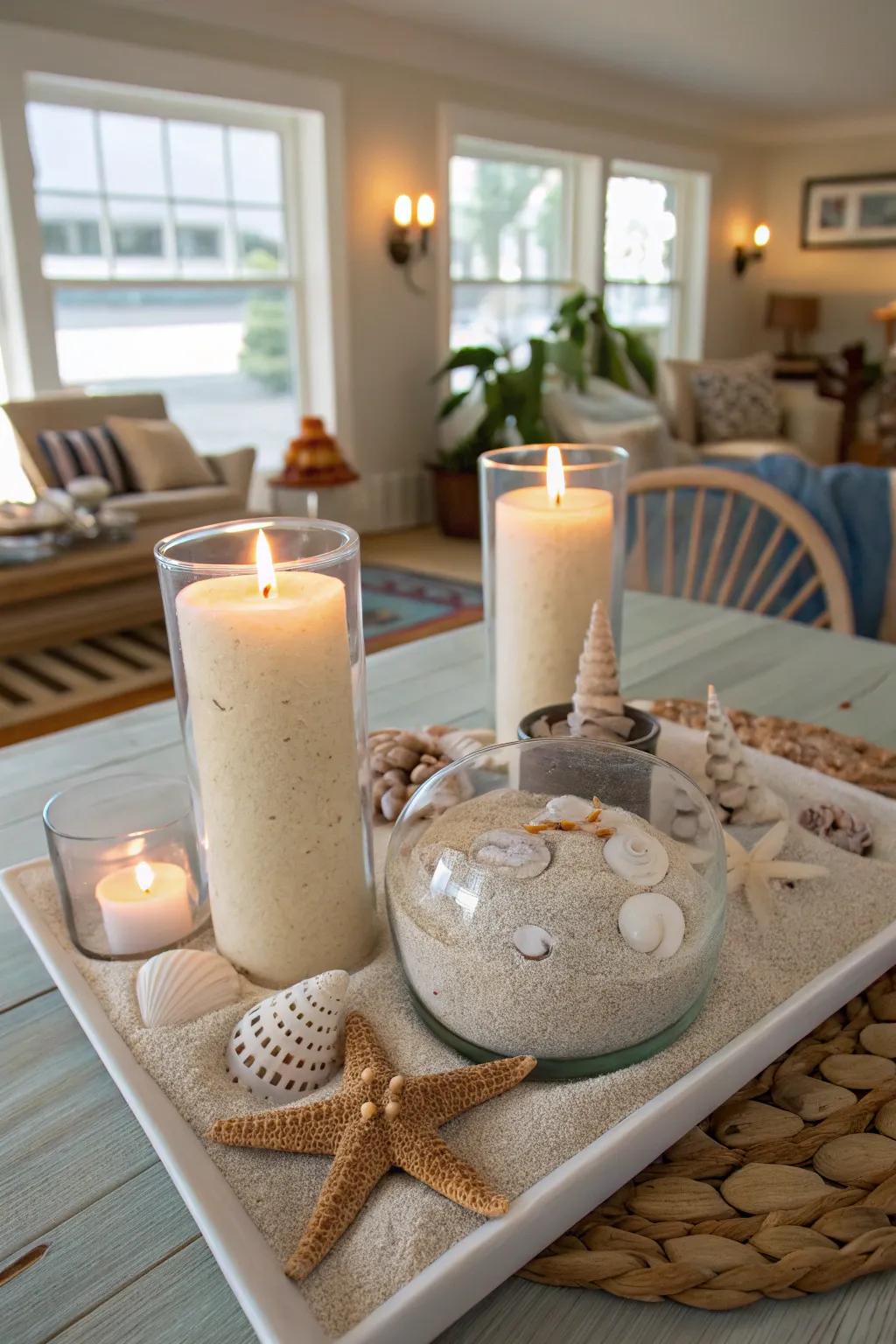 A beach-inspired candle theme brings a coastal feel indoors.