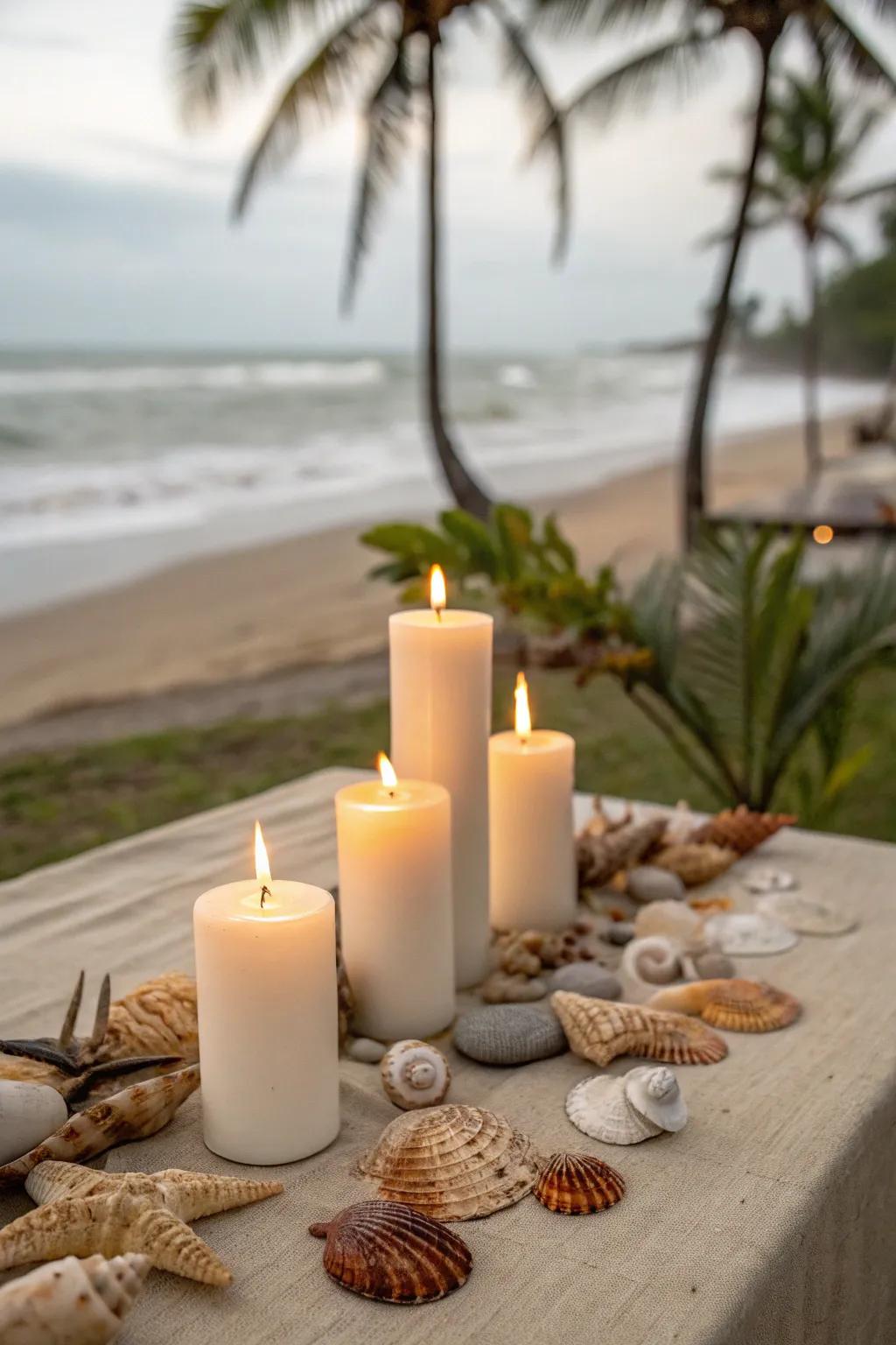 A maritime-inspired candle exhibit featuring marine shells.