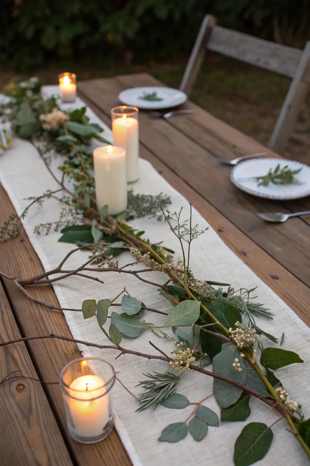 A rustic surface chain with elements from nature and candles.