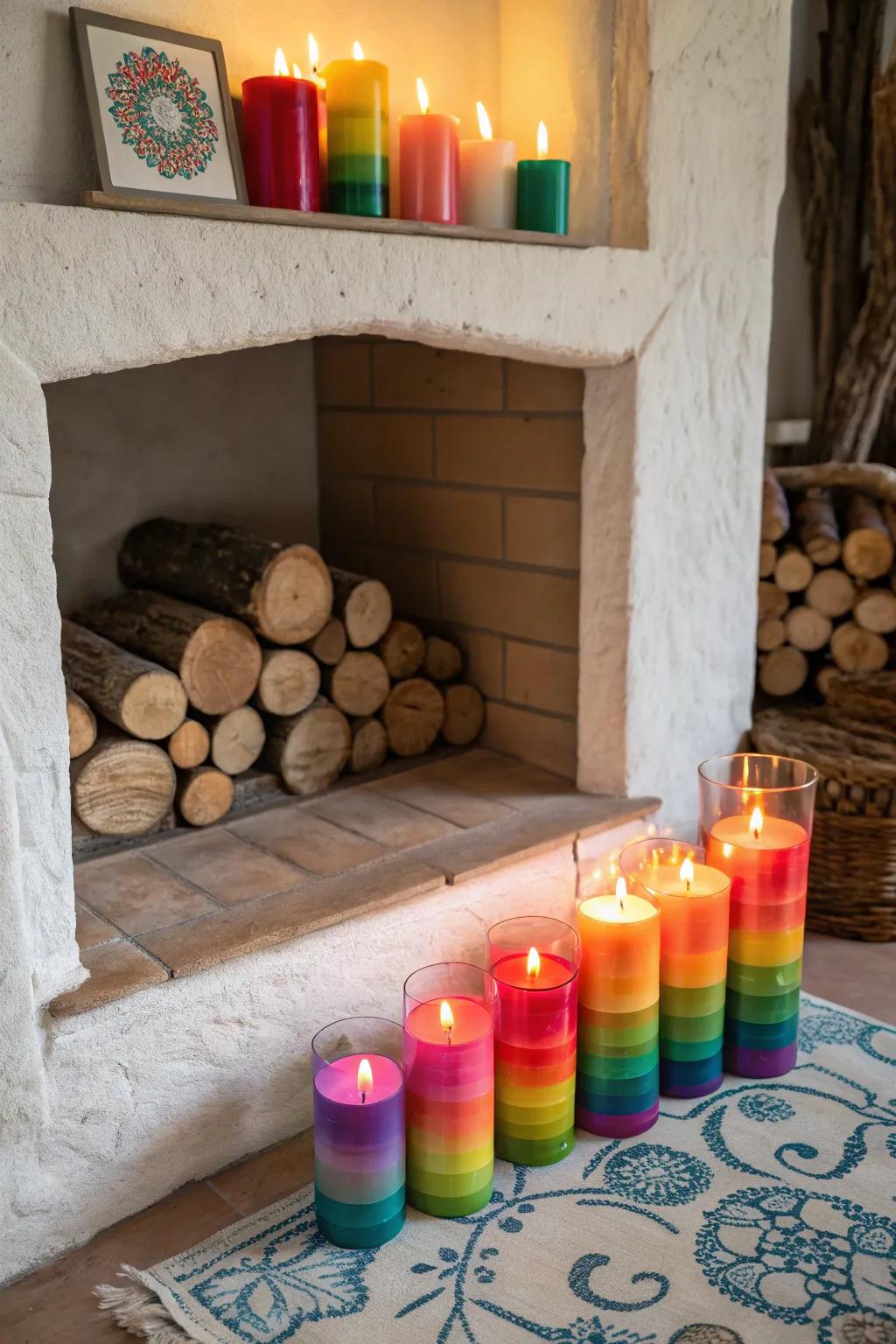 Colorful candles brighten up the fireplace with playful flair.