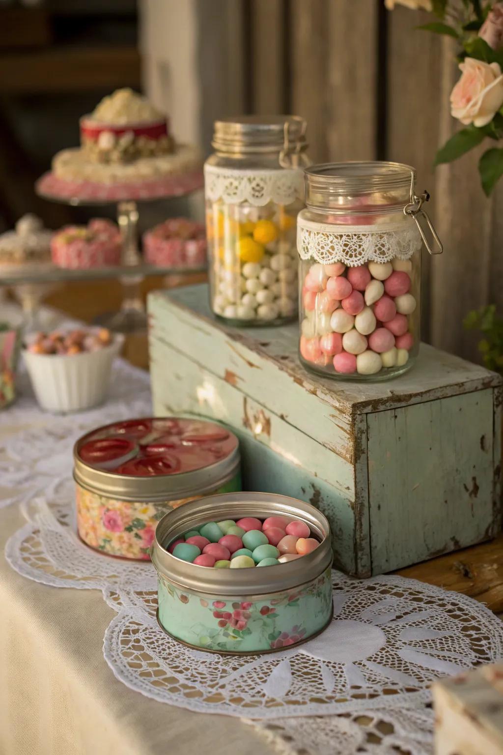 Repurposed containers introducing charm to a sweet design.