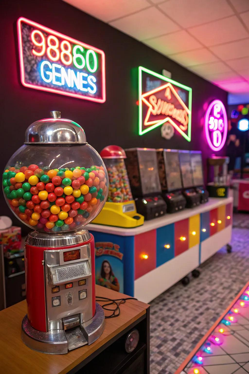 A vibrant retro candy bar with bold 1980s colors and nostalgic treats.