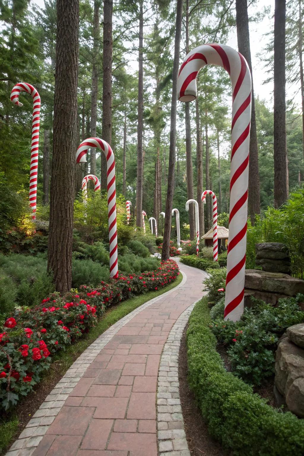A candy cane forest adds a magical touch to the party setting