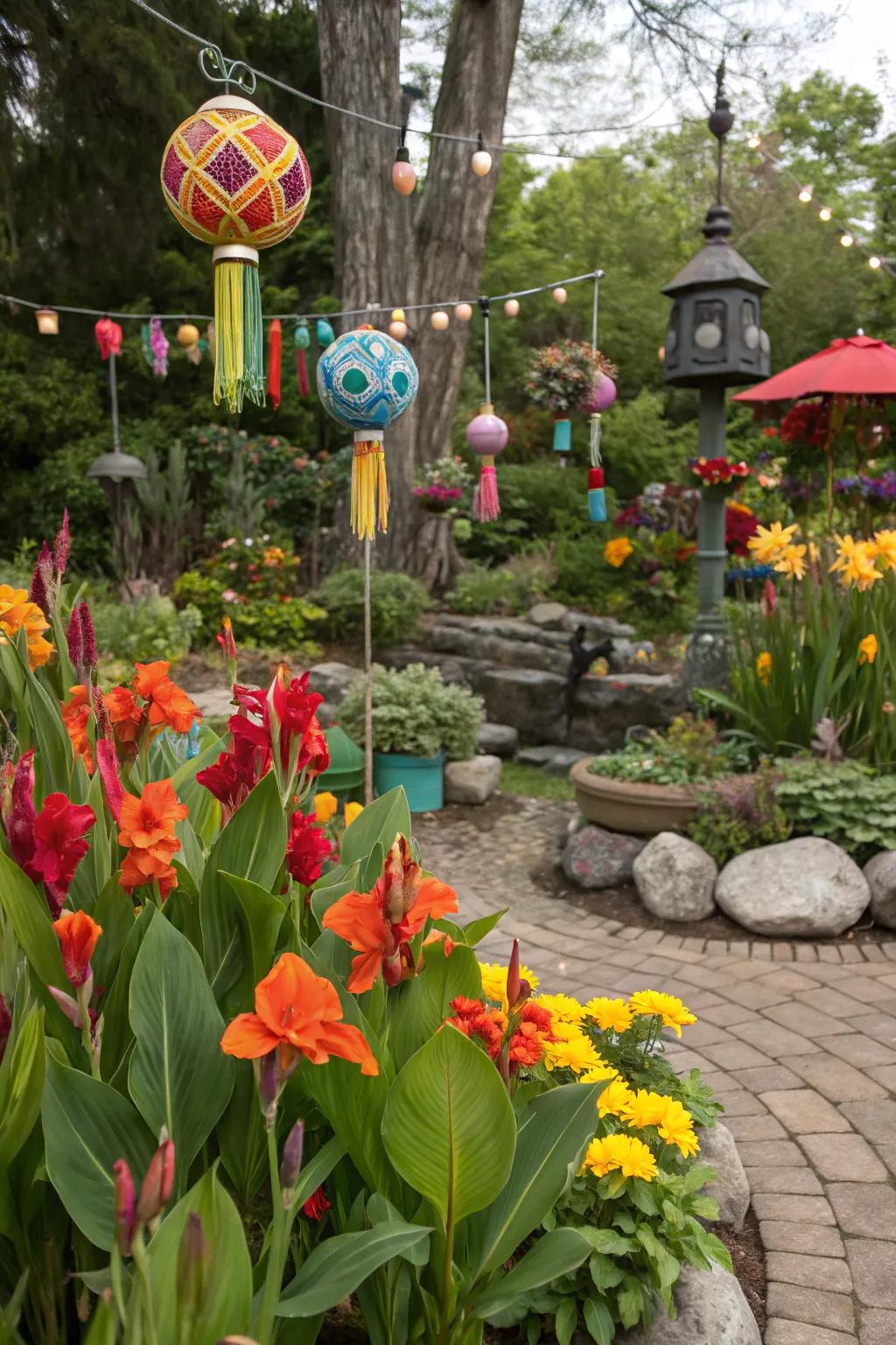 A whimsical wonderland complete with scarlet blossoms and garden ornaments.