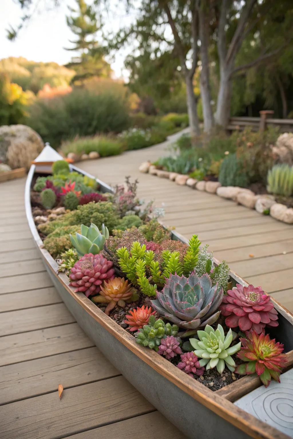 Succulents compose a simple-care, visually arresting canoe planter.