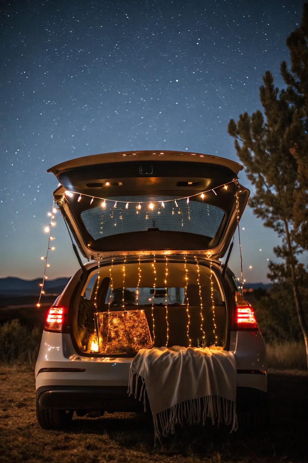 A trunk glowing with string lights, ideal for nighttime carnival festivities.