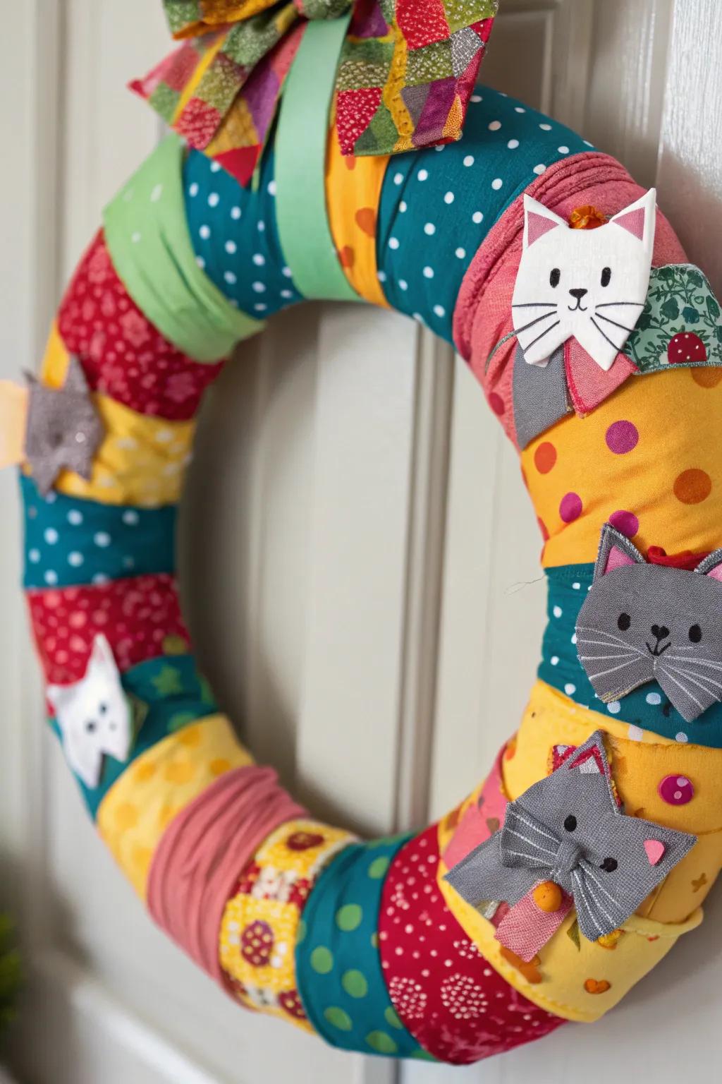 An eclectic material kitty wreath for a unique twist.