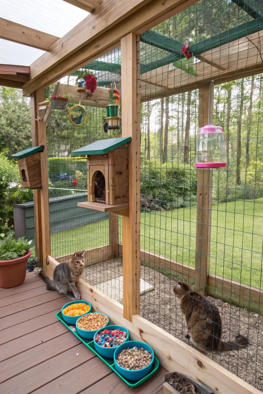 Interactive dining spots inside a catio, blending enjoyment and nutrition for cats.