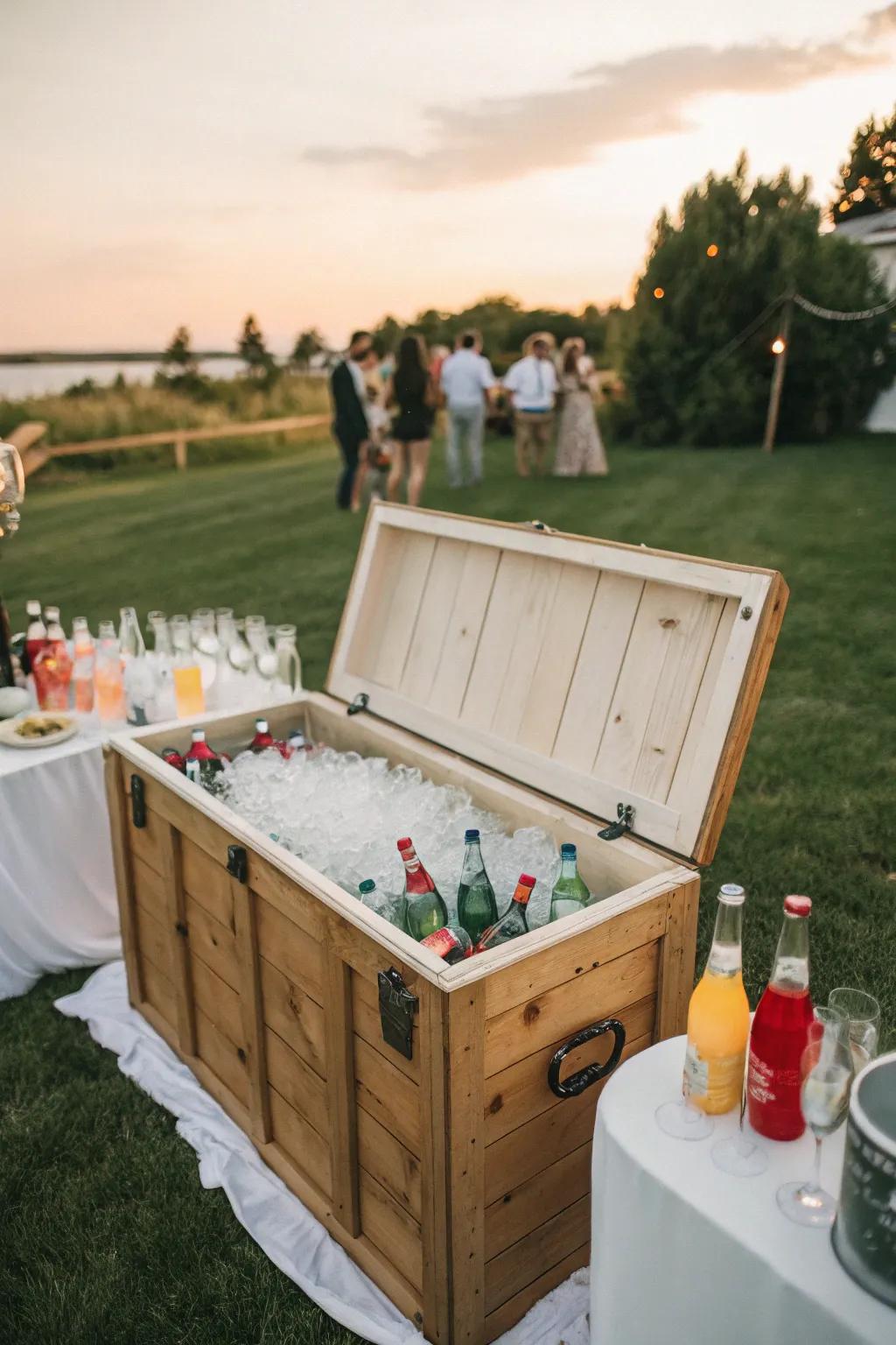 An antique storage chest creatively transformed into a beverage chiller for gatherings.