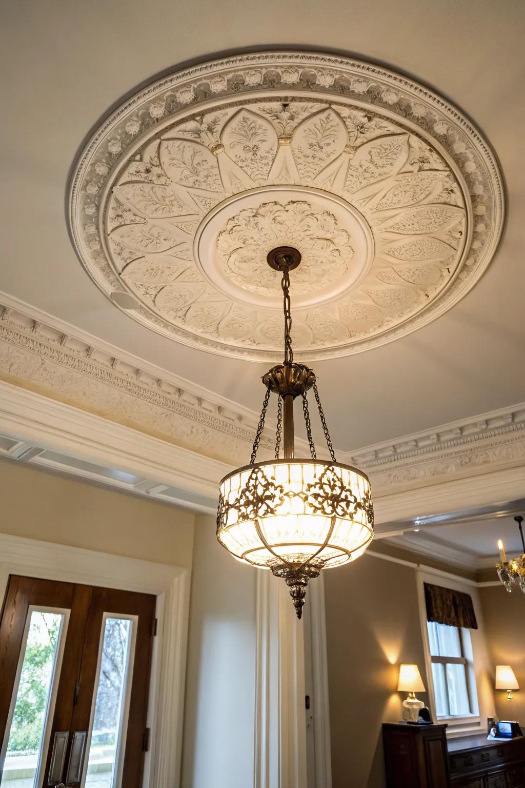 A room where a ceiling medallion adds charm around the light fixture.