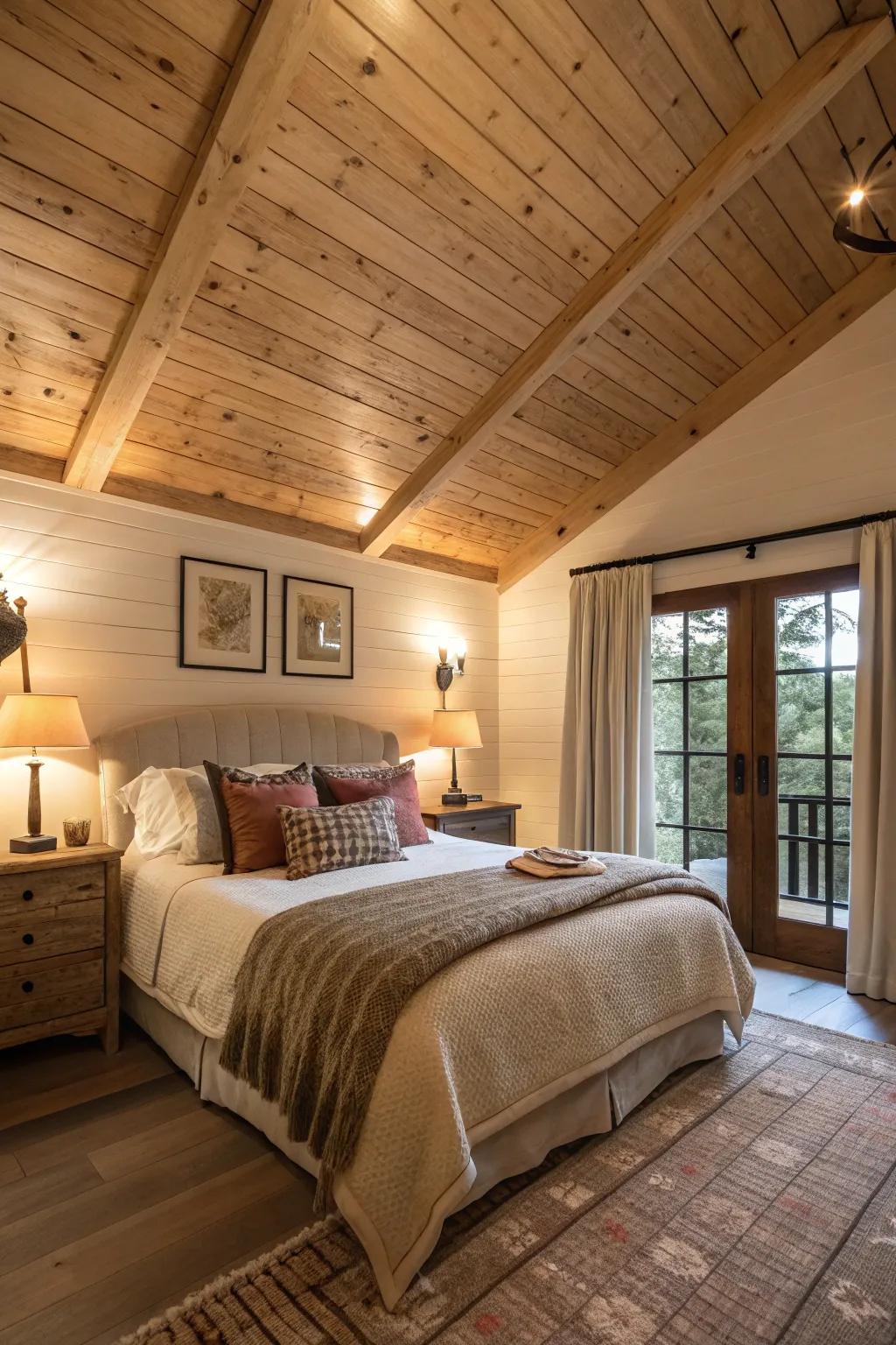 Introduce warmth using interlocking wood ceilings.