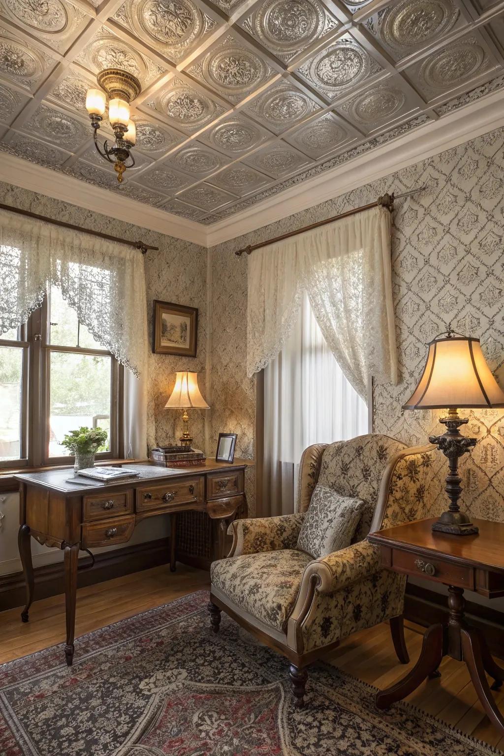 Pressed metal ceiling boards introduce vintage sparkle to any space.