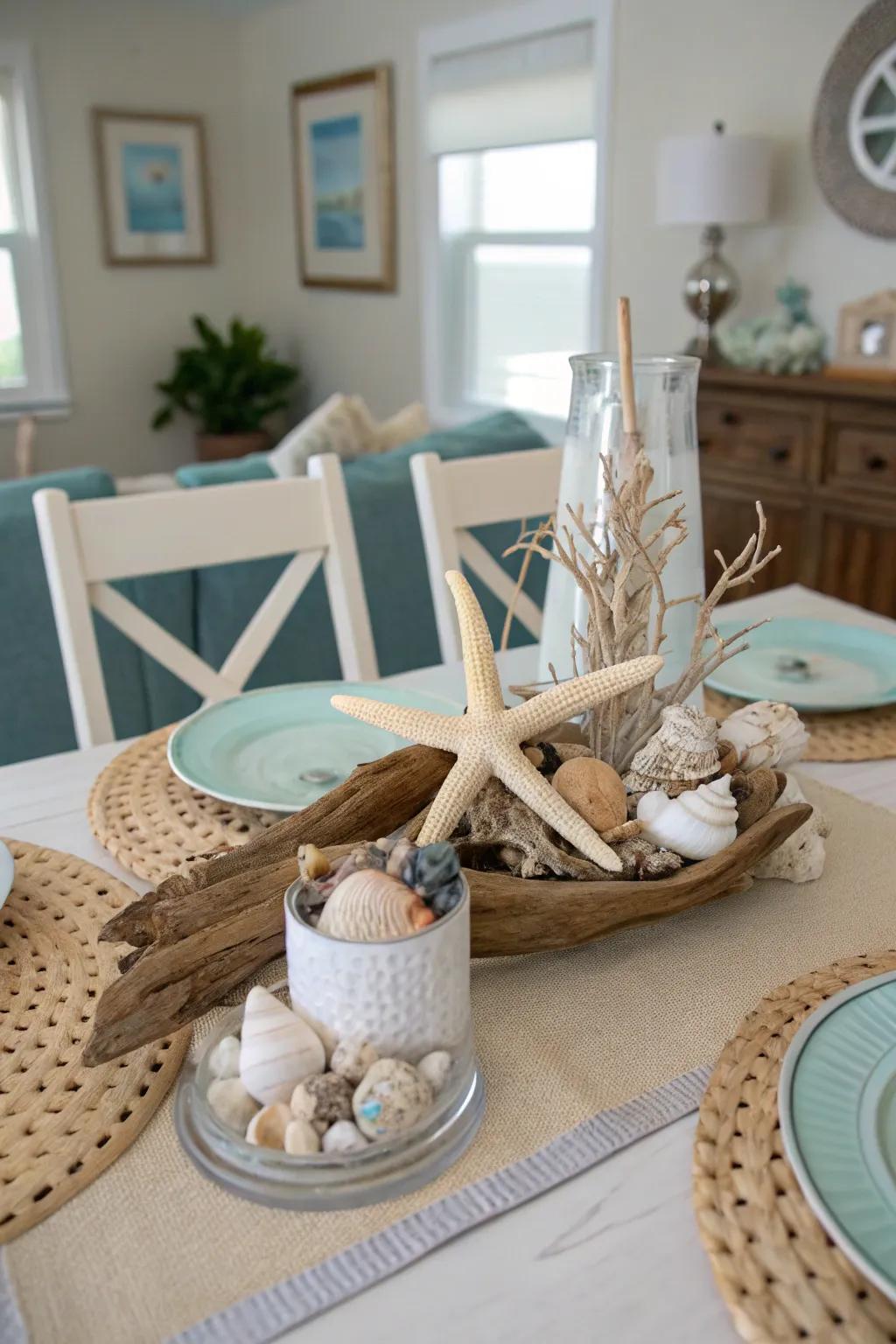 Seaside elements create a relaxed, summery centerpiece.