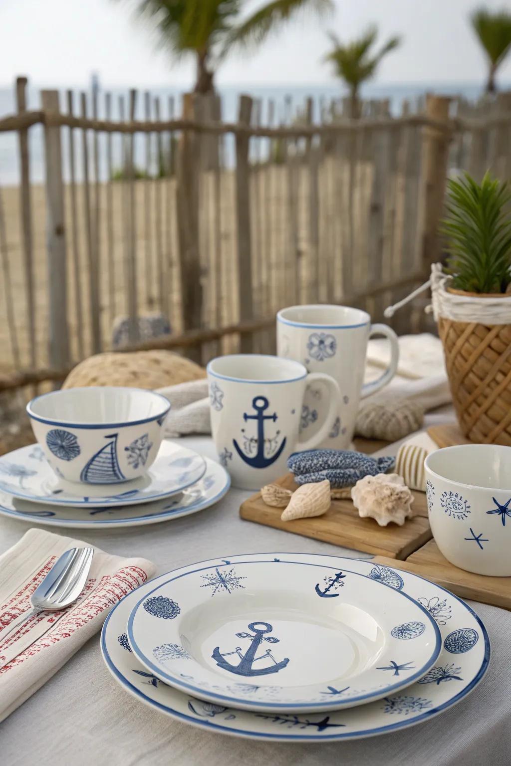Deliver coastal charm to your table using nautical ceramics.