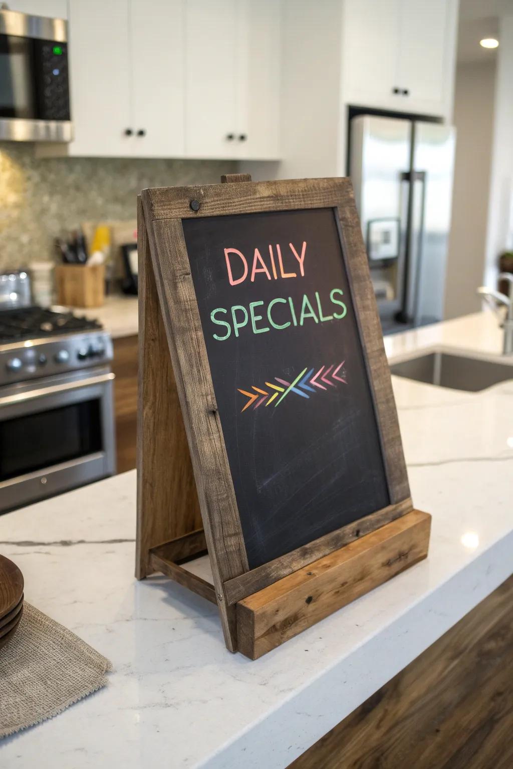 Daily deals stand out in vibrant colors on this modern kitchen's chalkboard menu.