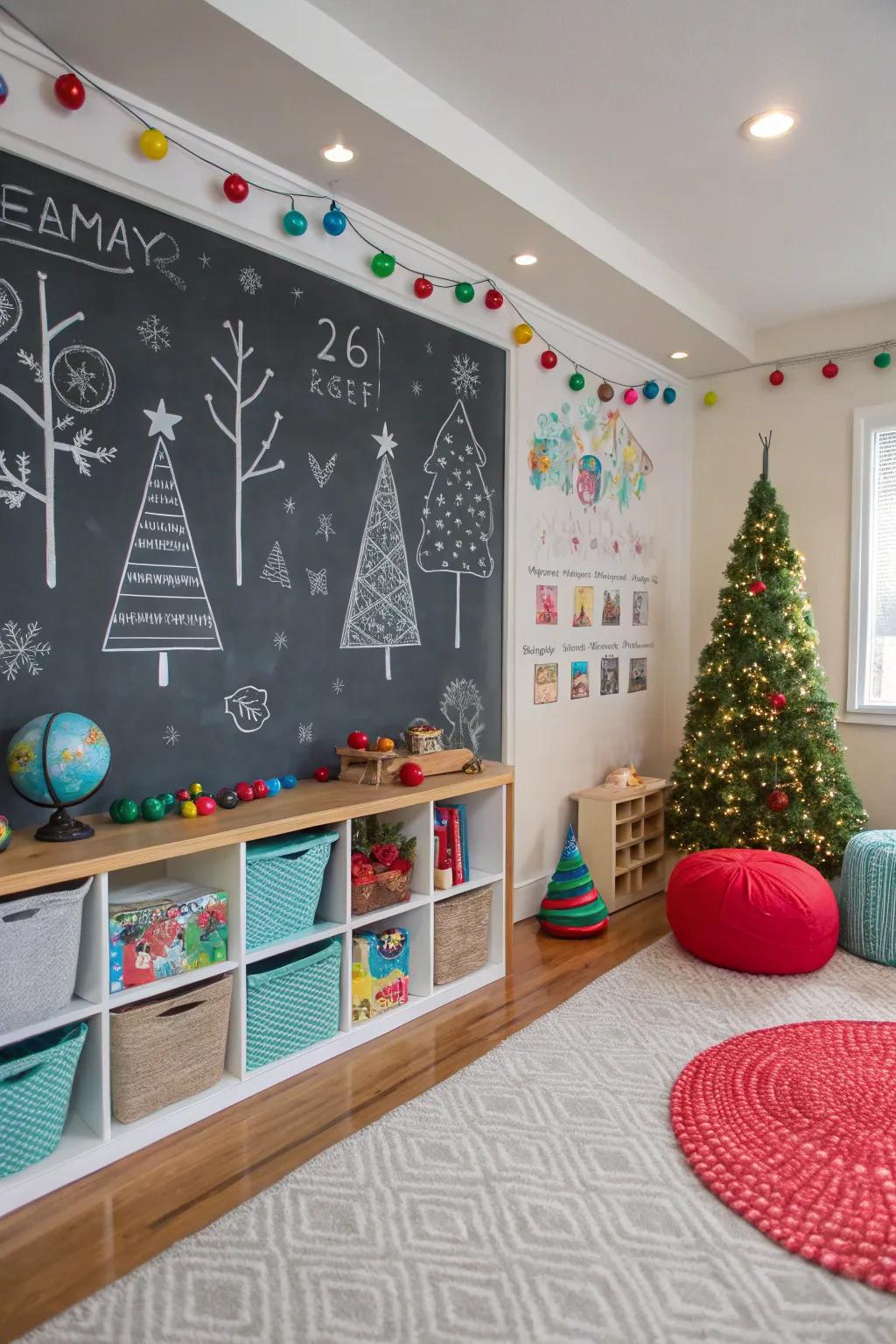 Seasonal chalkboard design provides festive flair.