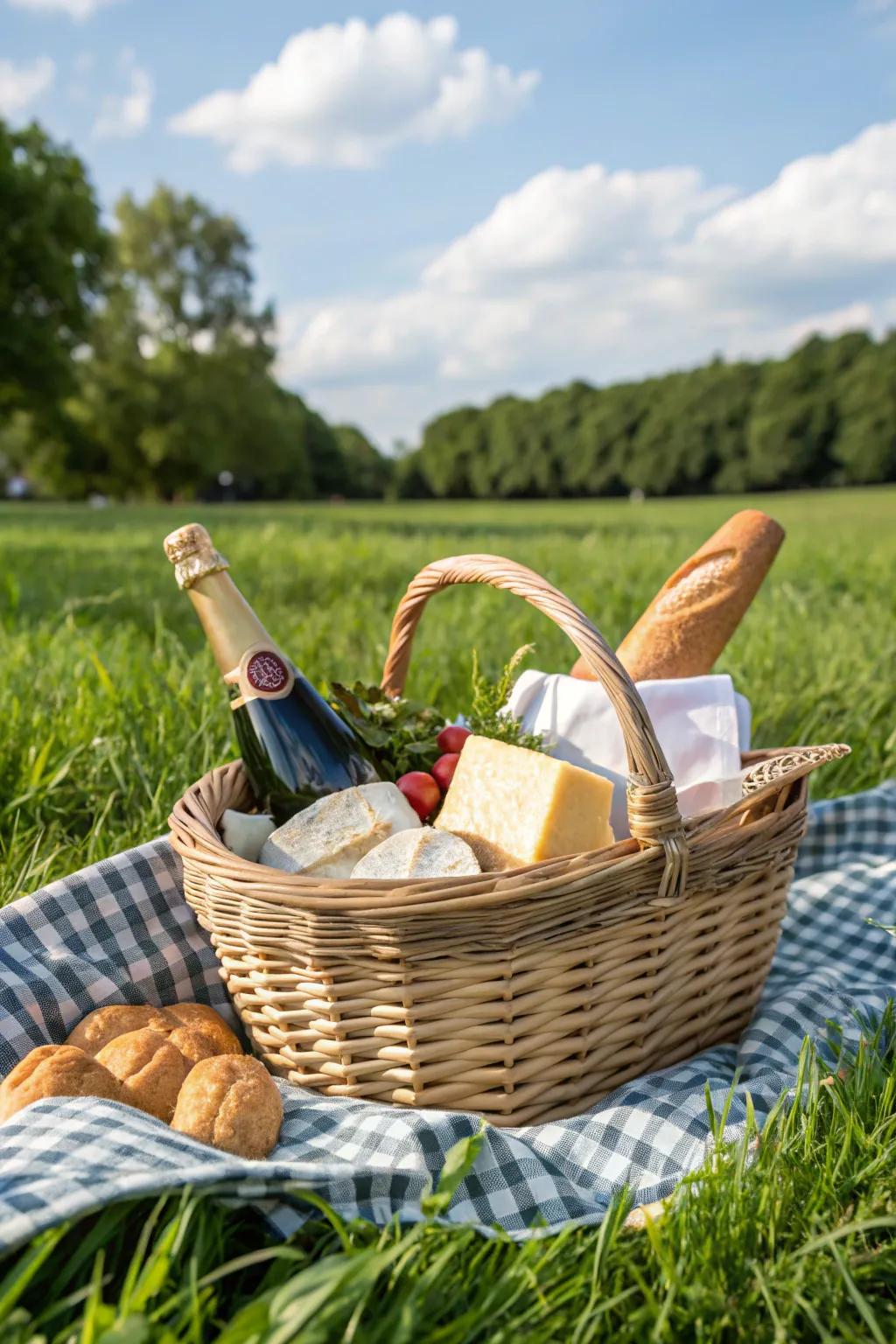 Picnic paradise with cheese and crusty loaf.