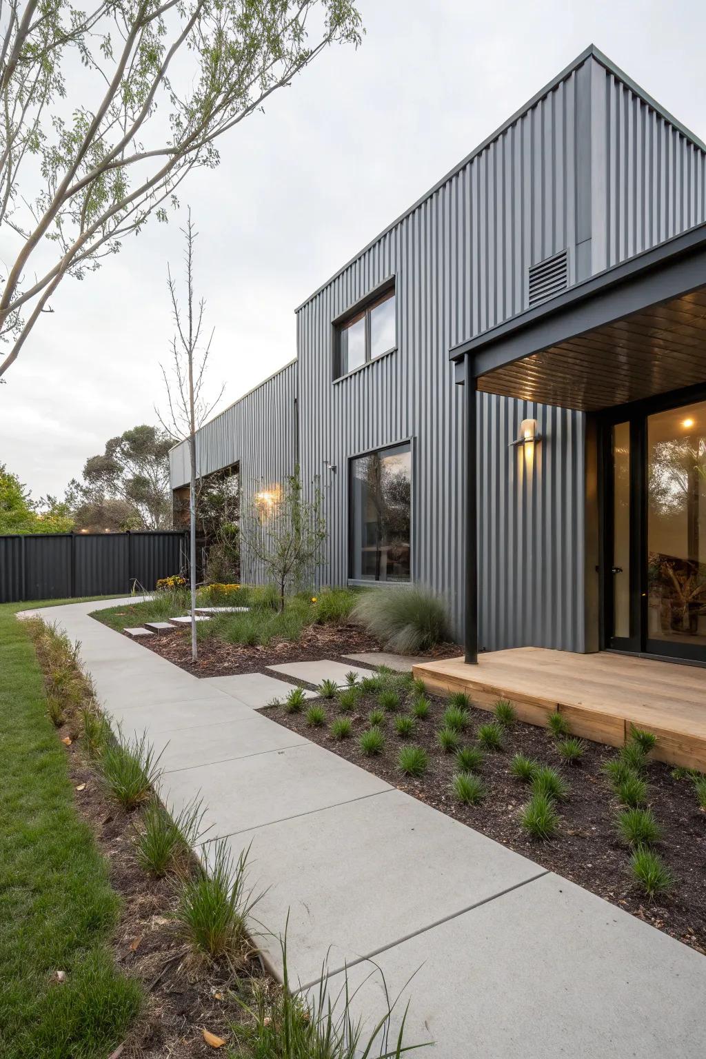 Ribbed steel siding delivers a bold, industrial aesthetic.