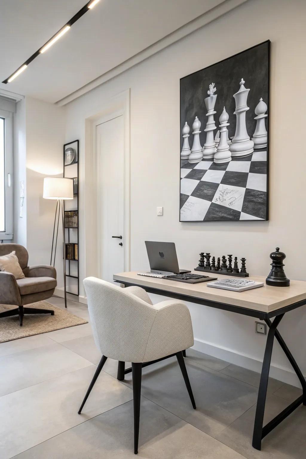 Monochrome chess art offers a sleek, modern touch.