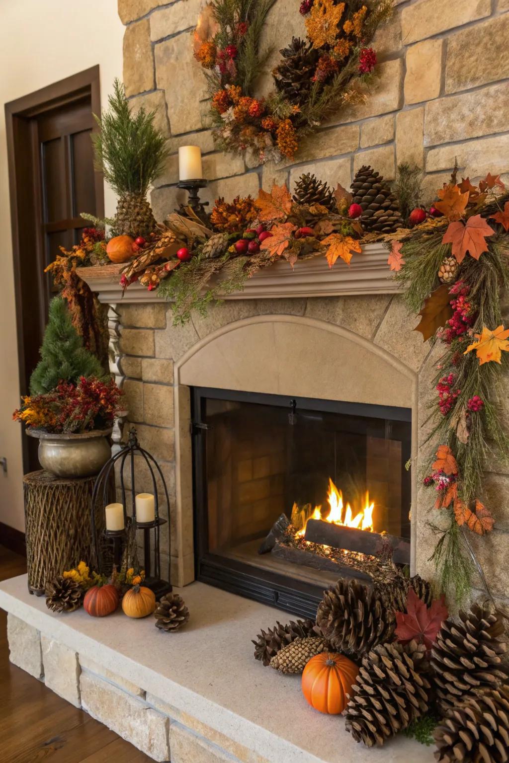 Seasonal decorations around the fireplace honor the time's festive atmosphere.
