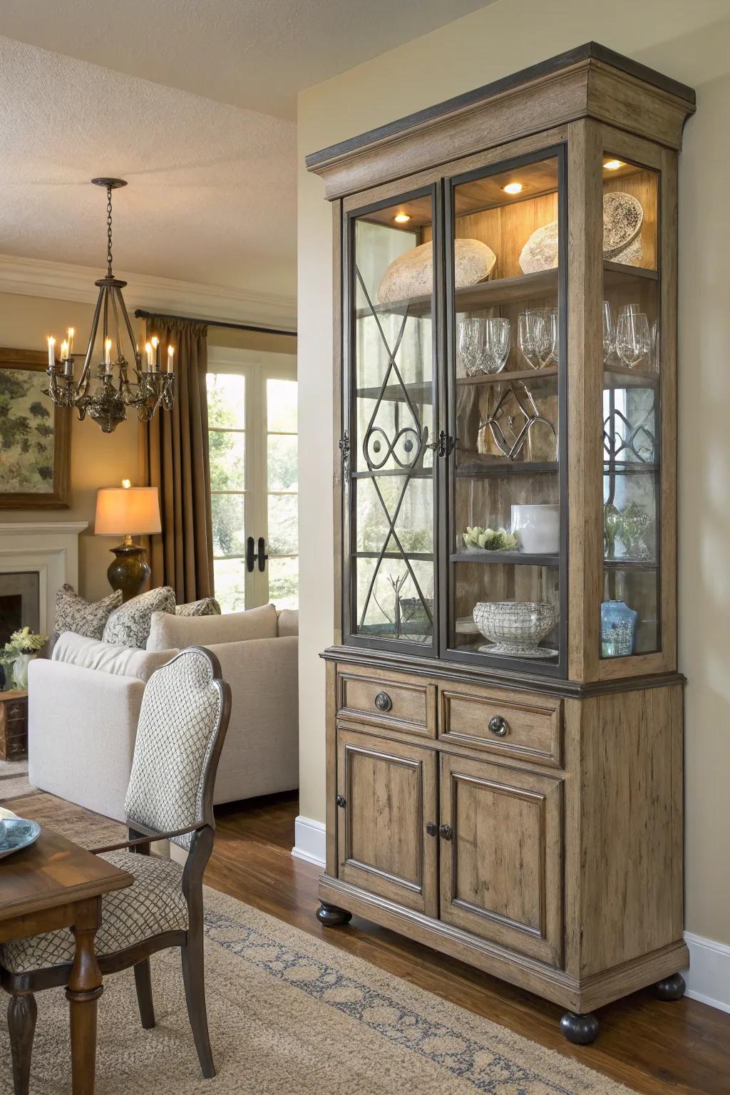 Blended materials add texture to a display case exhibit.