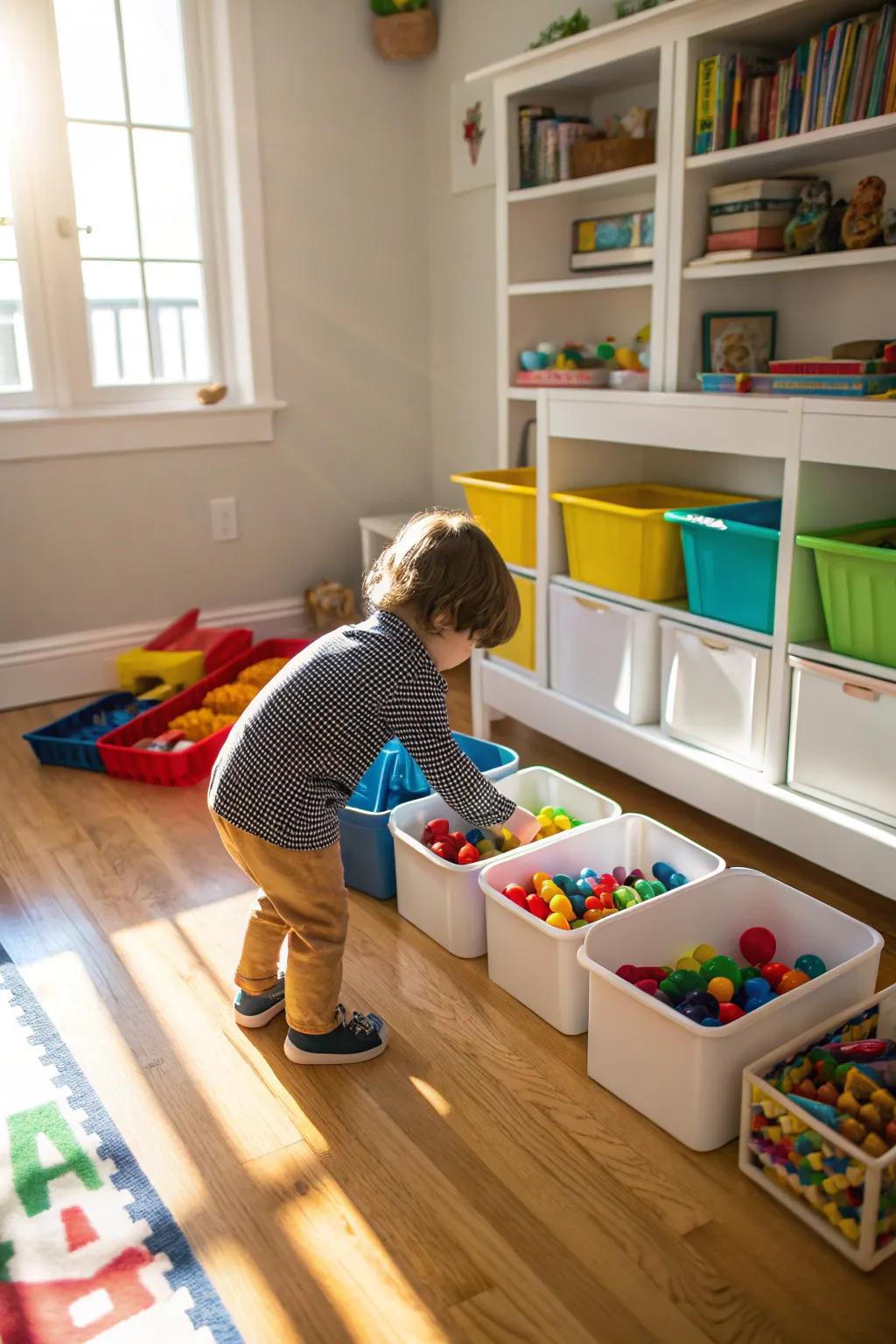 A child organizes their toys, learning the value of organization.