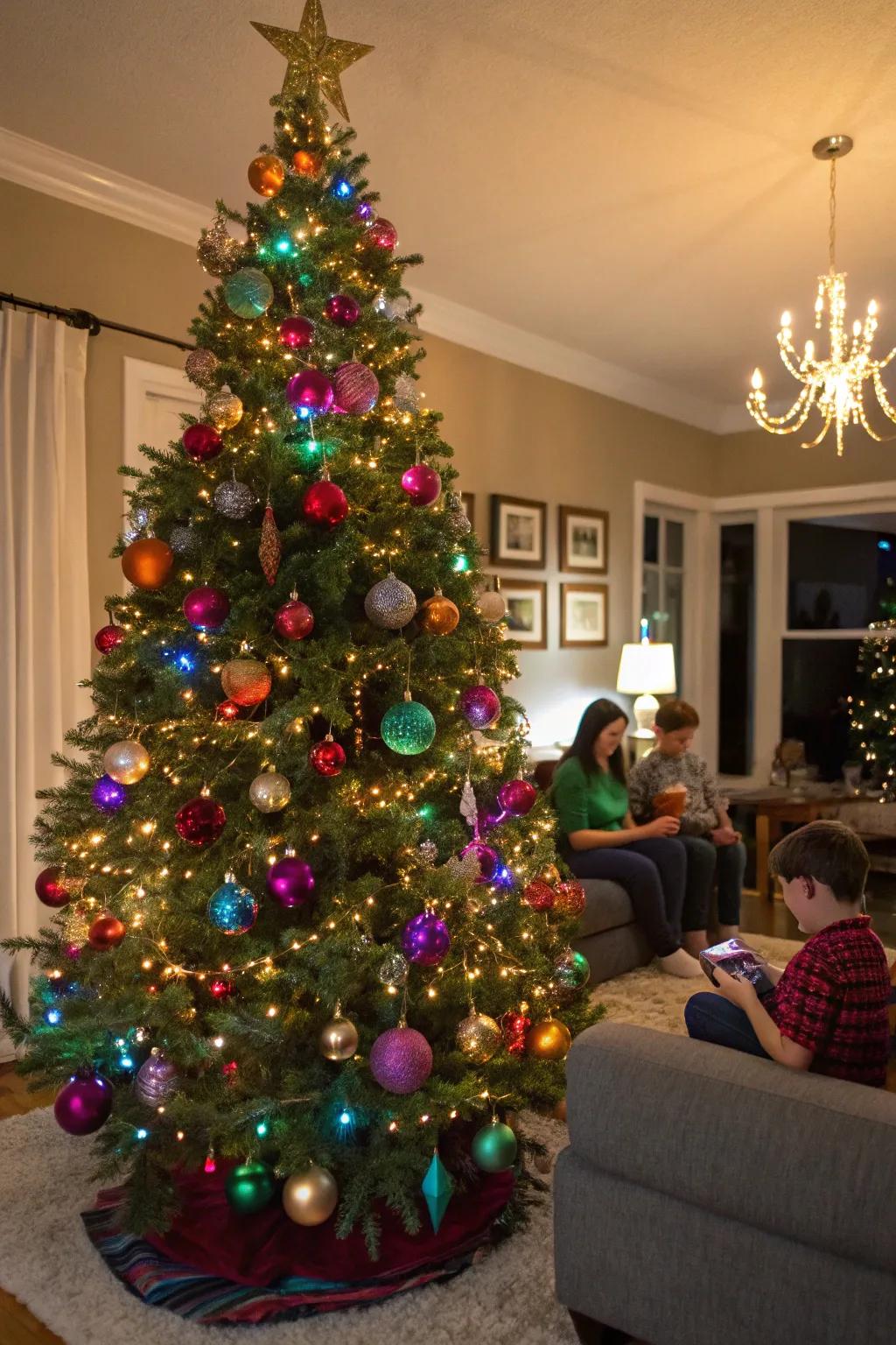 A hue explosion extravaganza Christmas sphere tree that's vibrant and full of joy.